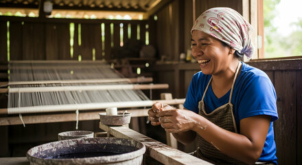 Happy Weaver Woman Working with Fabric in Workshop