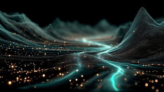 Futuristic digital landscape with undulating teal waves, fine lines, glowing golden particles, dynamic movement, and deep black background.