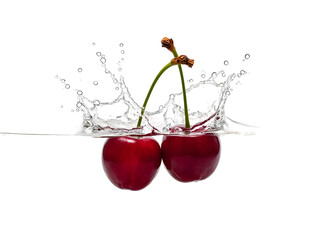 Two Ripe Red Cherries Splashing into Water  isolated on a transparent background