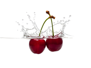 Two Ripe Red Cherries Splashing into Water  isolated on a transparent background