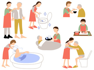 高齢者を介護するホームヘルパーのイラストセット