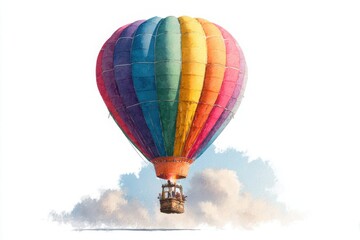 A colorful hot air balloon floats gracefully above soft clouds in a clear sky.