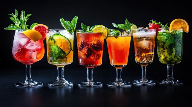 Variety of colorful cocktails in glasses on black background with fruit garnish, party drinks concept for bar menu