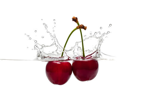 Two Ripe Red Cherries Splashing into Water  isolated on a transparent background