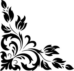 Obraz premium Image features a black and white ornamental corner design, showcasing an intricate floral pattern. The style is reminiscent of classic baroque or Victorian motifs, with swirling leaves and stylized fl