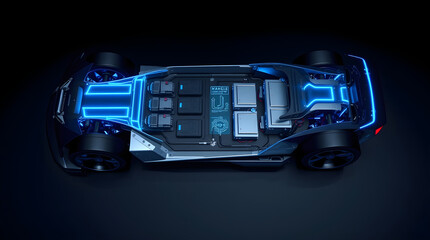 Electric sports car chassis showing battery and powertrain glowing in dark environment
