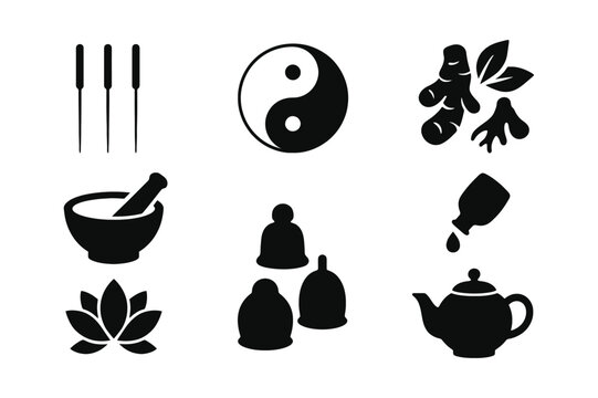 Traditional Chinese Medicine Vector Set &ndash; Acupuncture, Herbal Remedies, and Cupping Therapy Icons