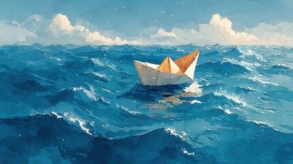 A paper boat with orange sails floats on a vast, wavy blue ocean under a partly cloudy sky.