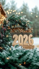 Delightful New Year 2026 Scene with Rustic Wooden Numbers on Winter Backdrop, Holiday Greetings Card