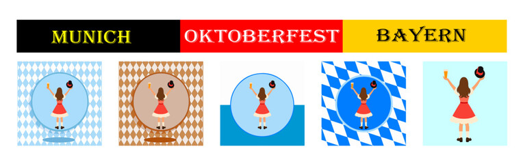  From the "oktoberfest" series, a set of girls in red dress with a hat in her hand with different variants of bavarian ornaments and backgrounds