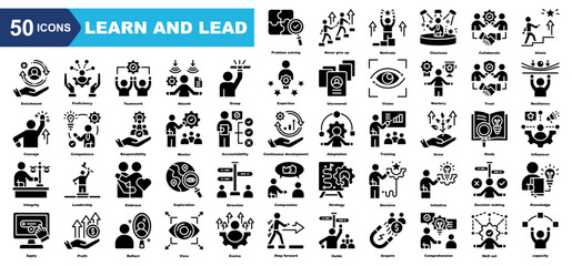 Learn and Lead icon collection set.Problem solving,Never give up,Motivate,Charisma,Collaborate,Attain,Enrichment.Flat icon collection.