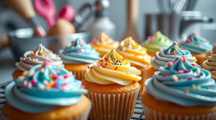 Delicious colorful cupcakes cooling on rack in kitchen
