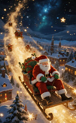 Santa's Grand Christmas Flight: Father Christmas Soaring in His Sleigh with Elves Through a Starry Night Over a Festive Snow-Covered Town