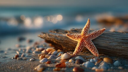 A starfish rests on a weathered piece of driftwood surrounded by seashells on a sandy beach with a softly blurred ocean in the background.