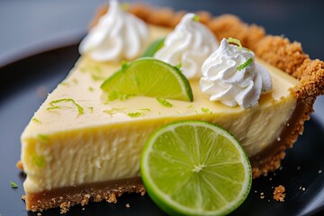 Delicious slice of lime pie cheesecake with whipped cream and lime garnish