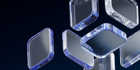 Abstract black 3d background wallpaper with glass transparent square plate shapes render. Light blue crystal geometric block pattern. Futuristic digital technology banner template. 3D illustration