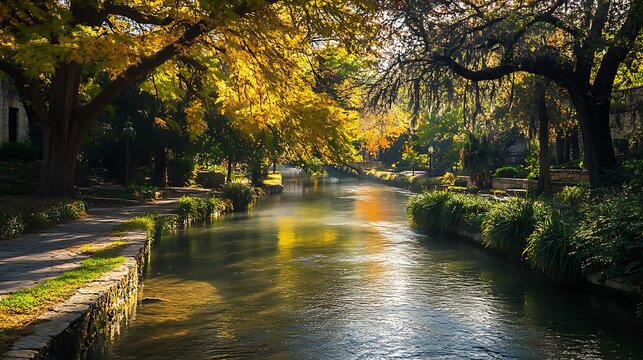 Serene river flows through a lush park with trees in autumn colors shining - Powered by Adobe