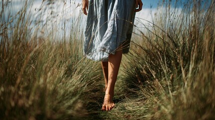 Barefoot figure in linen dress walking through tall grass, airy margin