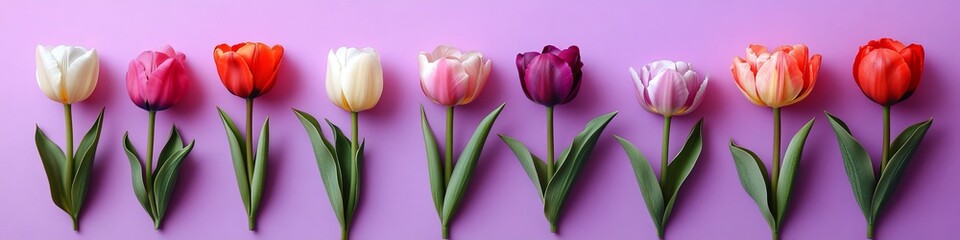 Fototapeta premium Vibrant Spring Tulips in Full Bloom Against a Bright Background for Stunning Banner and Cover Art