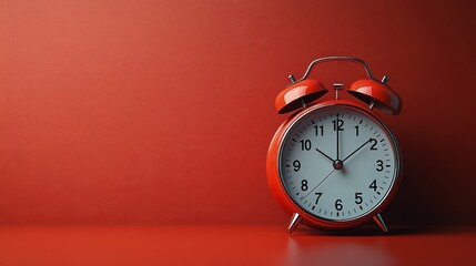 Red alarm with clock on red background; time management concept.