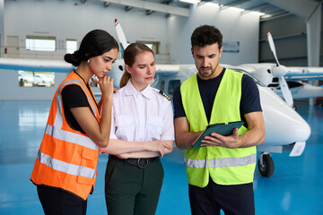 Aircraft maintenance team reviewing flight data in hangar