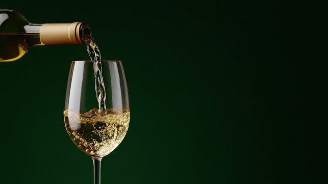 Banner of Pouring a Glass of White Wine A close-up shot of white wine being poured into a glass against a dark background.