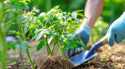 Gardener using blue shovel to apply white mulch around growing tomato plants in a sunny garden setting