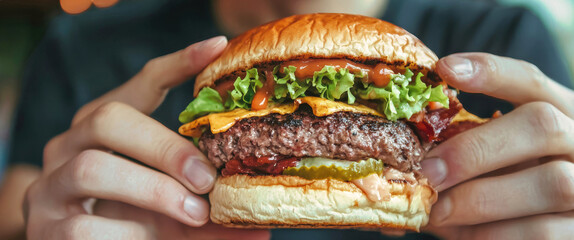 Delicious burger experience in a cozy cafe: a man savoring a juicy hamburger with fresh toppings