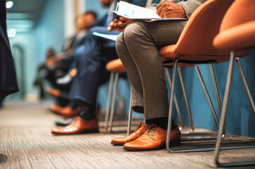 Job applicants prepare for interviews while waiting in a modern office environment