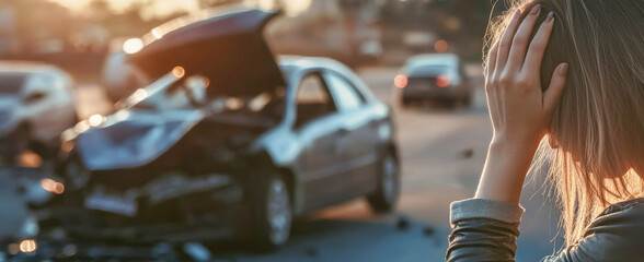 Woman in distress after car crash at busy intersection during golden hour with wrecked vehicle in background