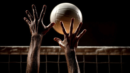 Dynamic close up of hands blocking volleyball spike at net, with dramatic lighting and motion blur