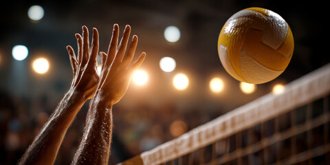 Dynamic close up of hands blocking volleyball spike at net, with dramatic lighting and motion blur
