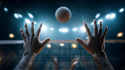 Dynamic close up of hands blocking volleyball spike at net under dramatic lighting
