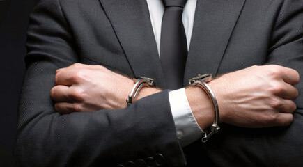 Businessman in handcuffs adopts defensive pose highlighting conflict in corporate law culture