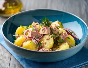Potato sald with fresh herbs , tuna and red slcied onions in a pale blue ceramic bowl on gray wooden table. Generated image