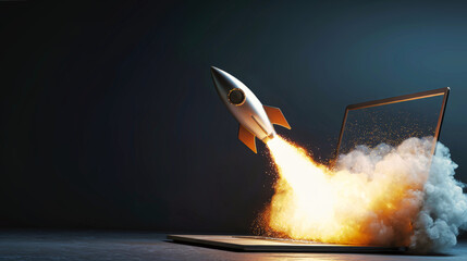 Rocket launching out of a laptop screen on a dark background with soft lighting and realistic details