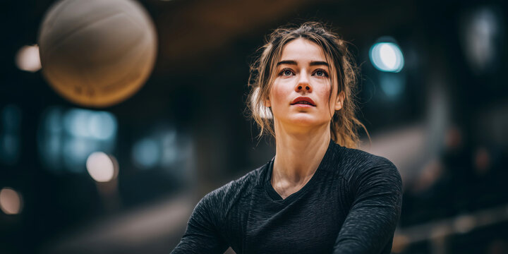 Focused female volleyball player prepares to serve, with ball frozen mid air in gym setting - Powered by Adobe