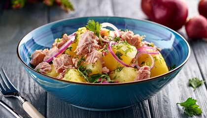 Potato sald with fresh herbs , tuna and red slcied onions in a pale blue ceramic bowl on gray wooden table. Generated image