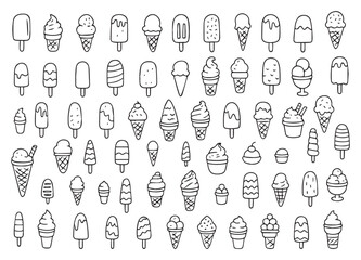 Big set of hand drawn doodles with different types of ice cream. World Ice Cream Day. Vector illustration for cafe menu, postcard, greeting card design. Vector. Vector illustration