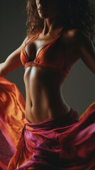Sensual belly dancer in orange-pink flowing costume, showing strong body and feminine curves in studio with dramatic lighting.