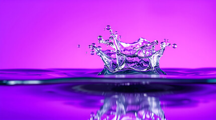Crown-shaped water splash rising from vibrant purple liquid surface