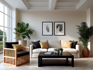 Modern luxury living room interior design with comfortable sofa, armchair, and stylish furniture