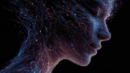 Mystical portrayal of a cosmic figure with flowing energy patterns in a dark background