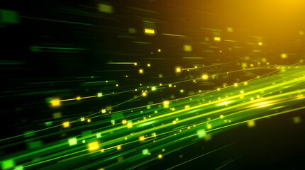 Green and yellow particles flowing on black background