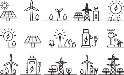 Renewable energy and low emission sustainable power system line icon set including solar, wind, hydrogen and EV charging. Clean energy generation and grid infrastructure vector illustration.