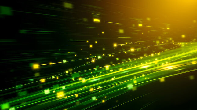 Green and yellow particles flowing on black background - Powered by Adobe