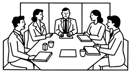 Minimalist Line Art of Business Meeting with Five People Around Table – Corporate Discussion and Team Collaboration Concept