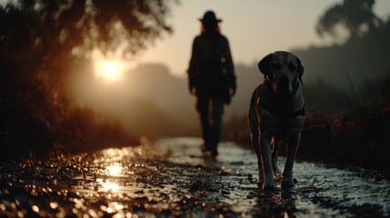 Dramatic minimalist view of a guide dog walking alongside its handler during sunrise near a serene waterway. National Guide Dog Month