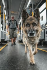 Candid minimalist moment of a guide dog walking confidently in a public transport setting. National Guide Dog Month