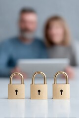 Diverse family engaged in a bonding activity while three golden padlocks symbolize protection and security in a minimalist setting. National Child Identity Theft Awareness Day